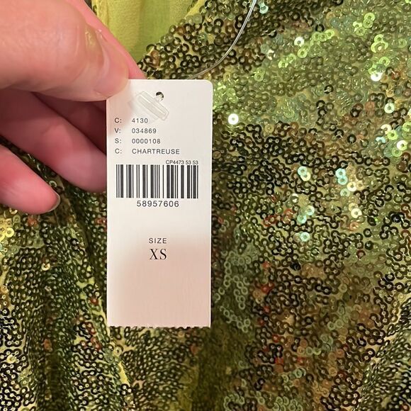 Anthropologie Chartreuse Lisabette Sequin Wrap Mini Dress, NWT - Picture 7 of 12